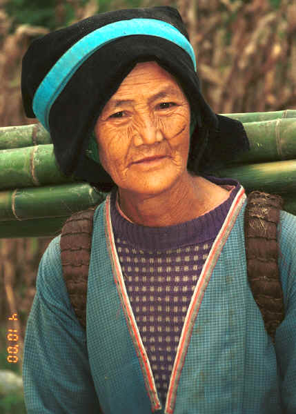 Side comb Miao woman carrying bamboo poles back to her village - Long Dong village, De Wo township, Longlin country, Guangxi province 0010d19.jpg