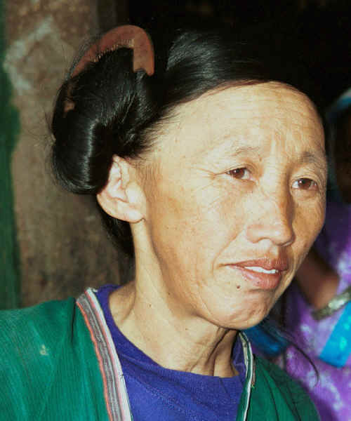 Side comb Miao woman showing the traditional hair fashion on which the Han Chinese base the name of this group of Miao - Long Dong village, De Wo township, Longlin country, Guangxi province 0010e16.jpg