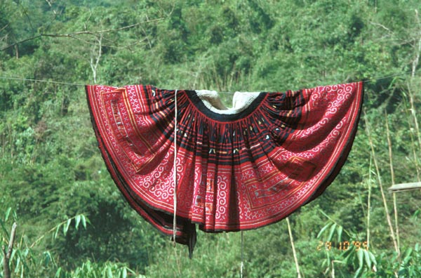 Hmong batik and embroidered skirt photographed on washing line in Lai Chau province near to Phong Thanh, northern Vietnam 9510F26.jpg
